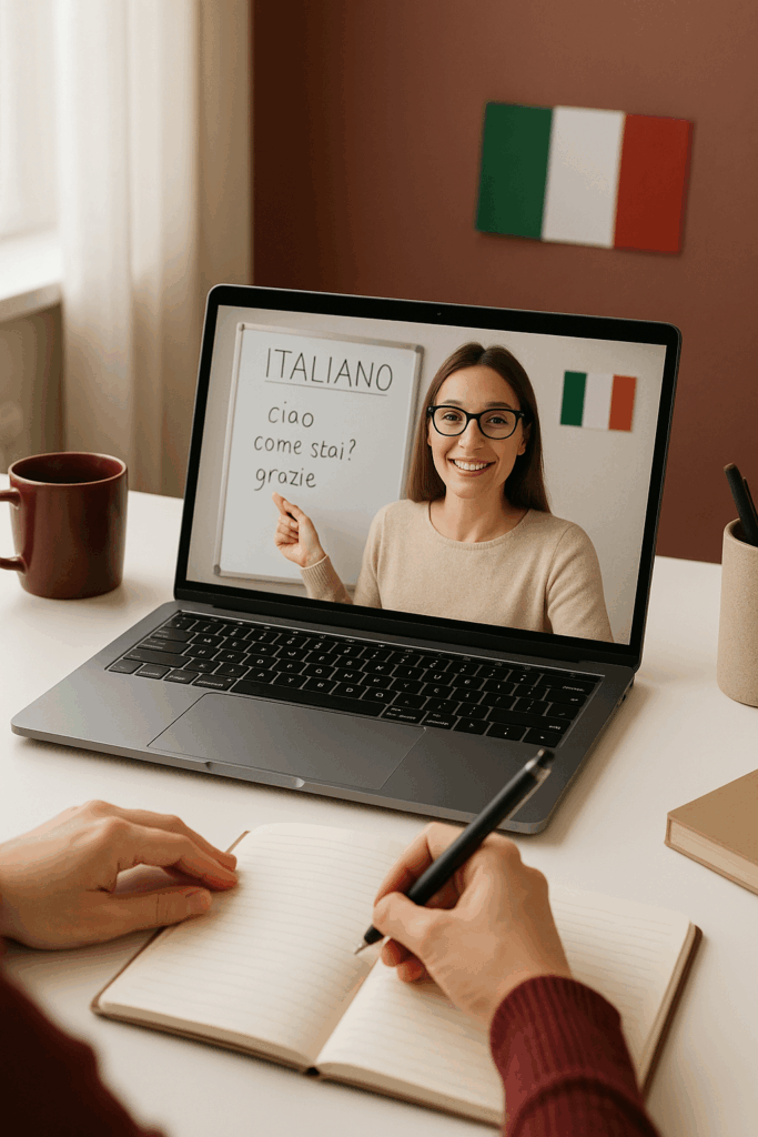 Djevojka uči italijanski jezik online pomoću laptopa i sveske